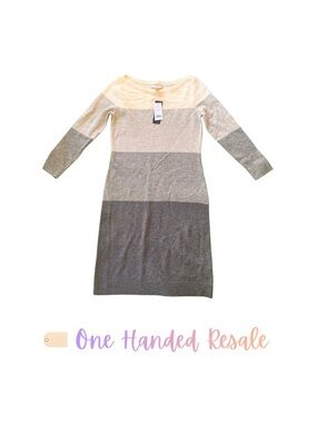 Striped Knit Midi Dress in Cream, Light Gray & Charcoal